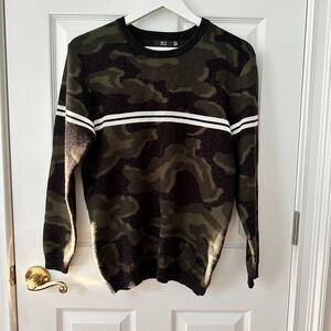Pangmen Men's Crewneck Viscose Sweater in Dark Camouflage w/ White Stripes